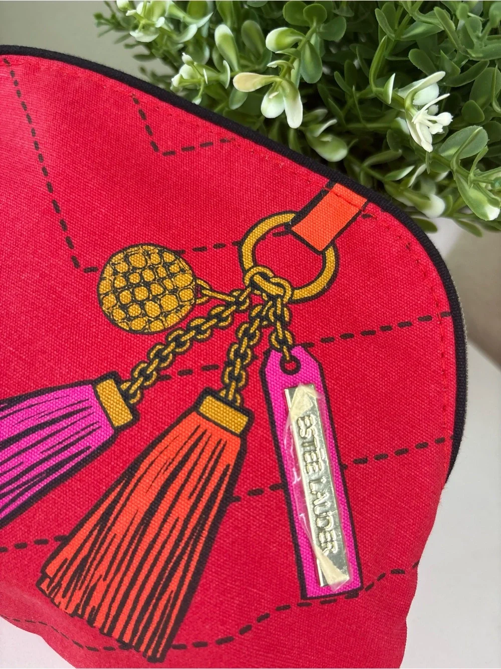 Estee Lauder Red Cosmetic Pouch with Pink and Orange Tassels